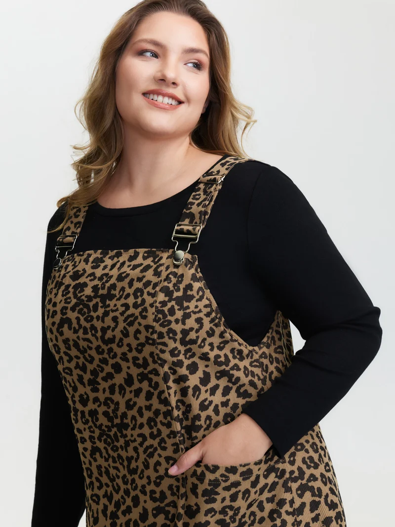 Leopard Print Overall Straps Pockets Midi Dress
