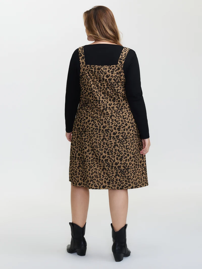 Leopard Print Overall Straps Pockets Midi Dress