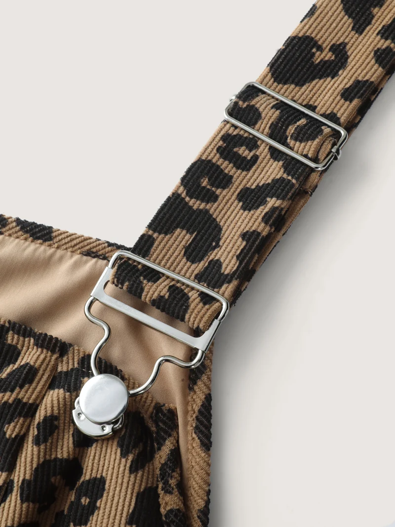 Leopard Print Overall Straps Pockets Midi Dress