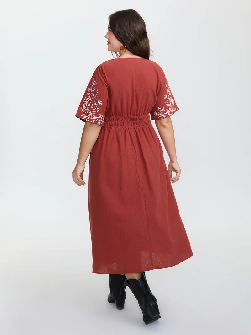 Shirred Waist Embroidered Midi Dress
