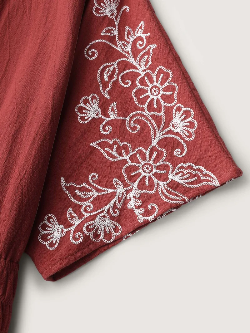 Shirred Waist Embroidered Midi Dress