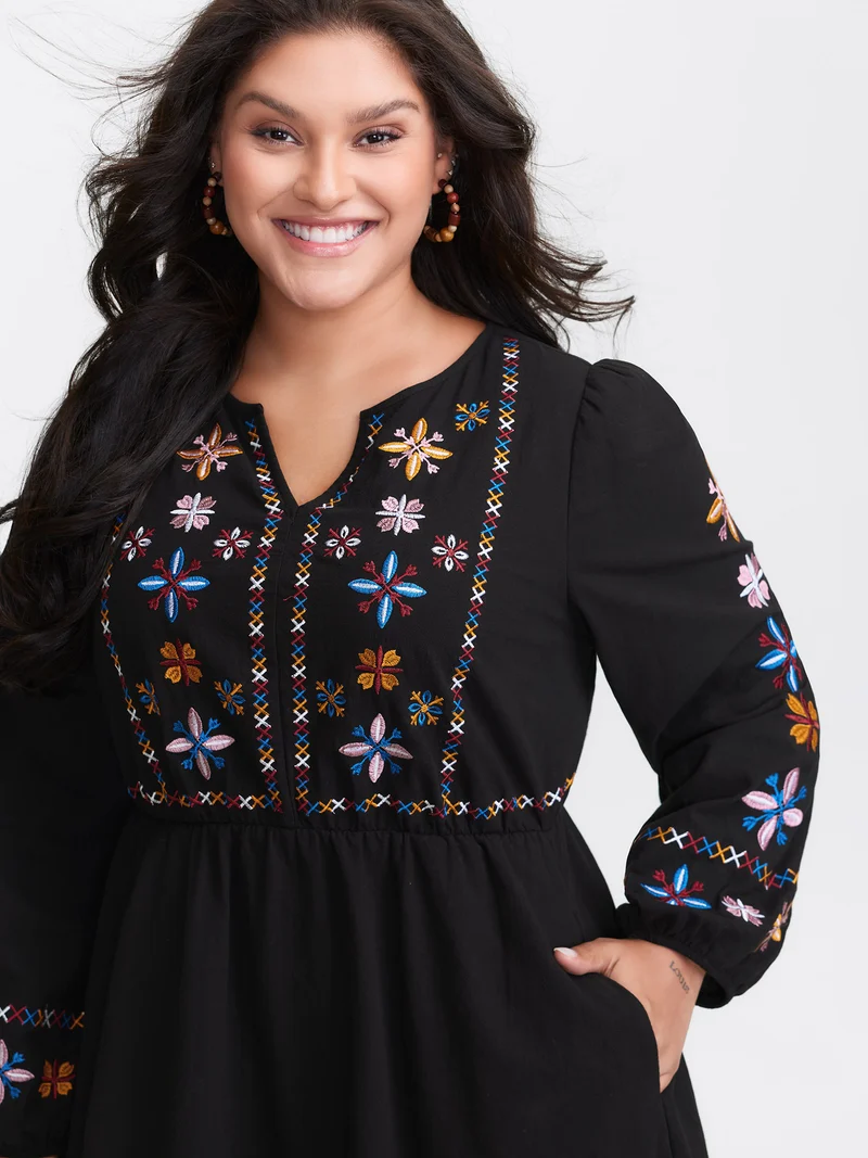 Cotton Embroidered High-Waist Midi Dress