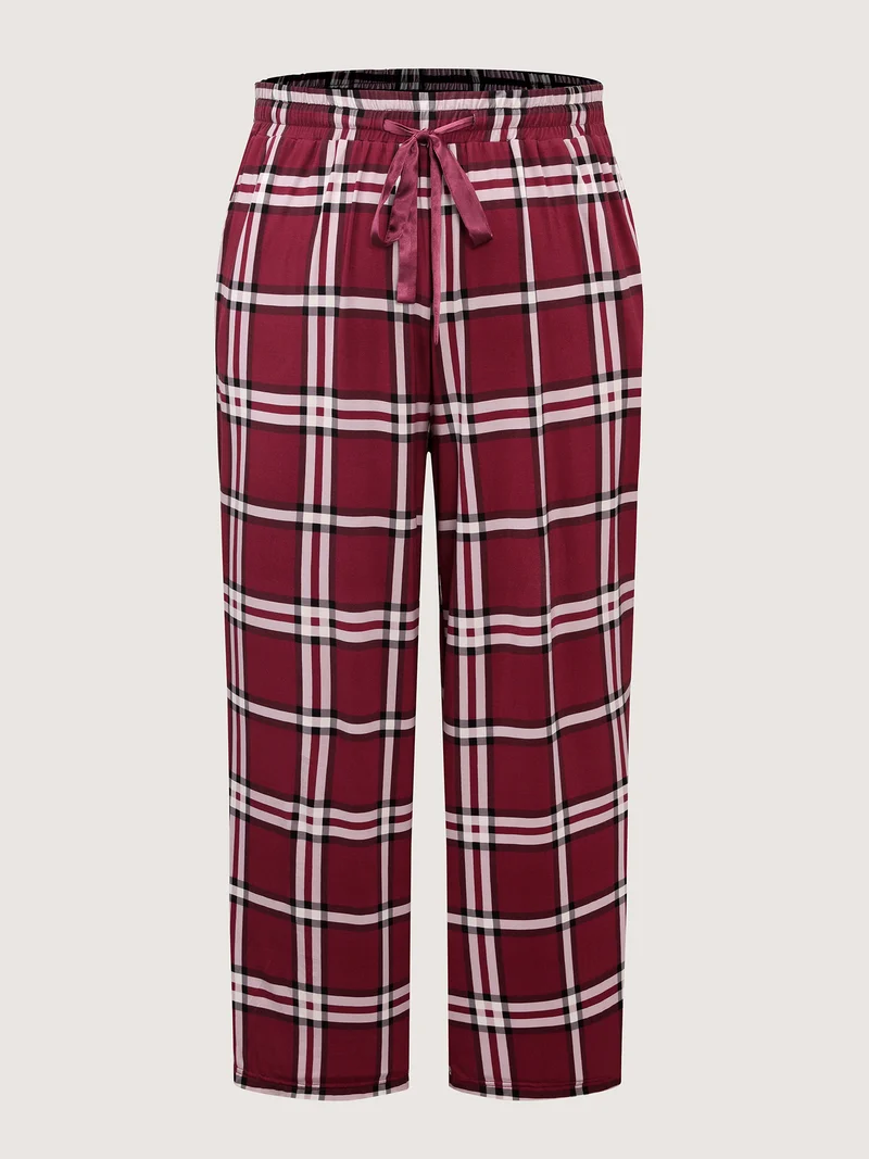 Plaid Drawstring Wide Waistband Lounge Bottoms