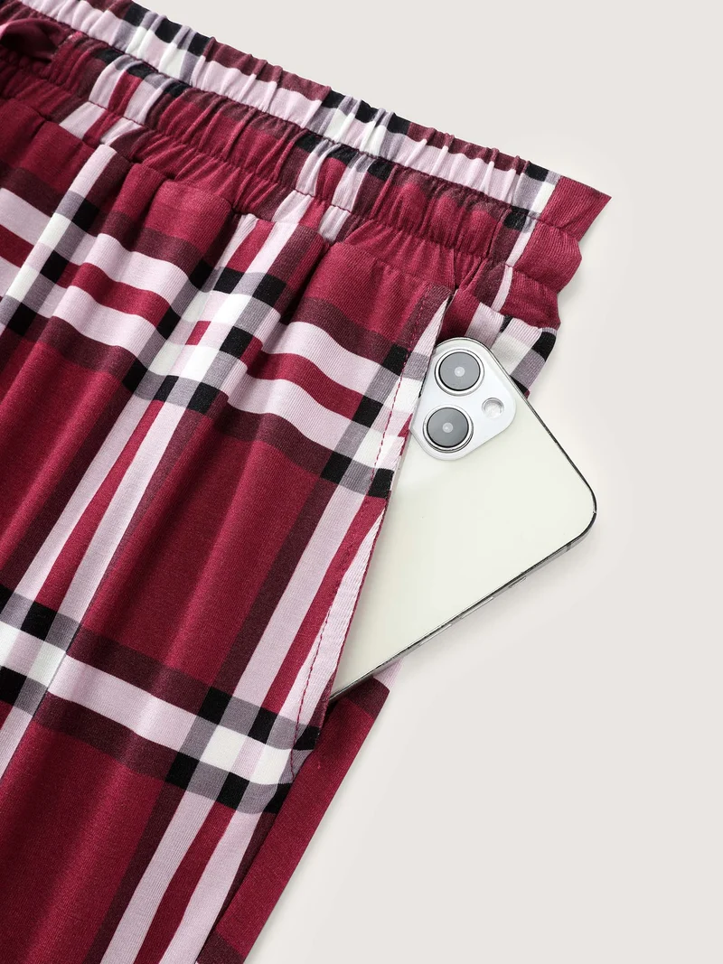 Plaid Drawstring Wide Waistband Lounge Bottoms