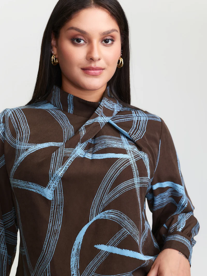 Abstract Print Drape Neckline Blouse