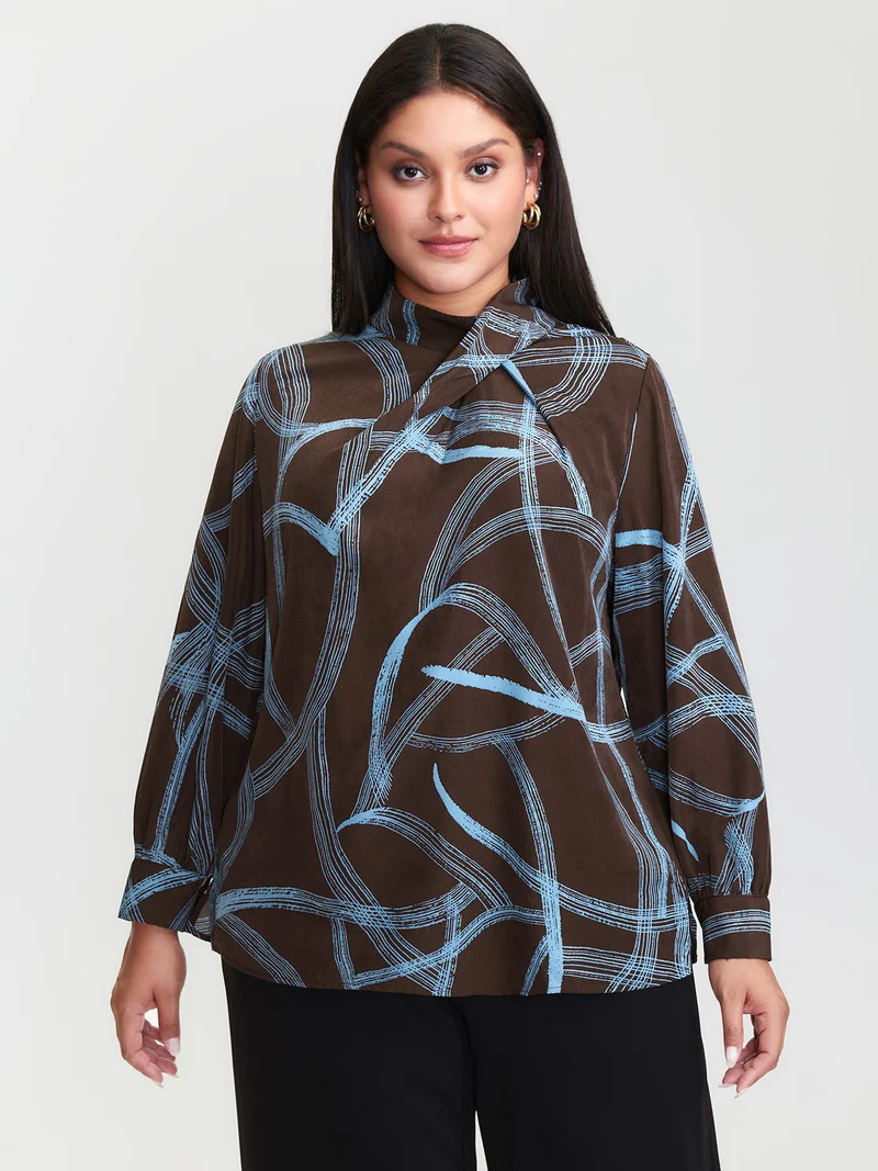 Abstract Print Drape Neckline Blouse