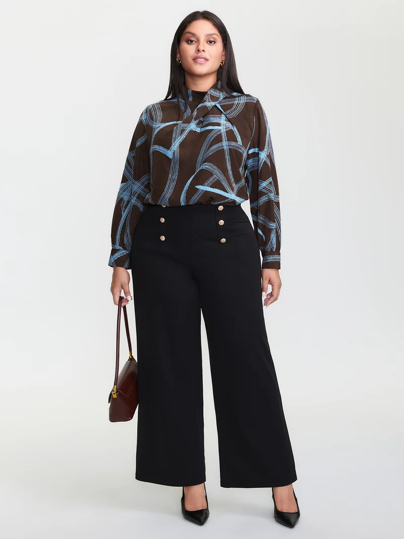 Abstract Print Drape Neckline Blouse