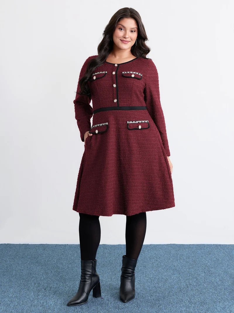 Tweed Stretchy Waist Color Contrast Midi Dress