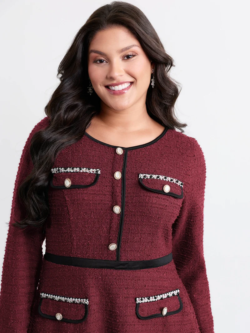 Tweed Stretchy Waist Color Contrast Midi Dress