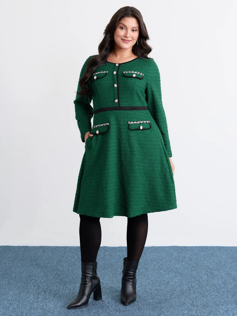 Tweed Stretchy Waist Color Contrast Midi Dress