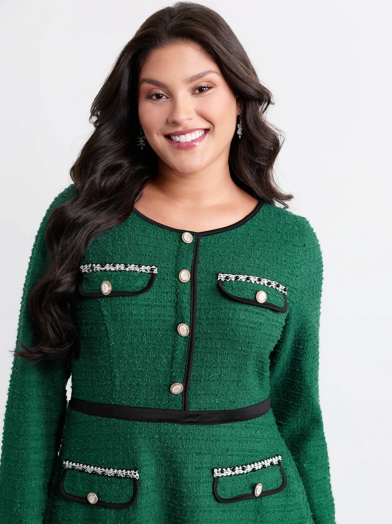 Tweed Stretchy Waist Color Contrast Midi Dress