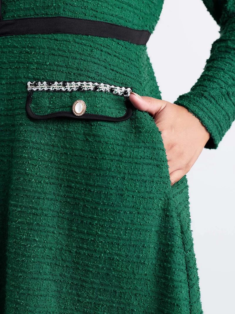 Tweed Stretchy Waist Color Contrast Midi Dress