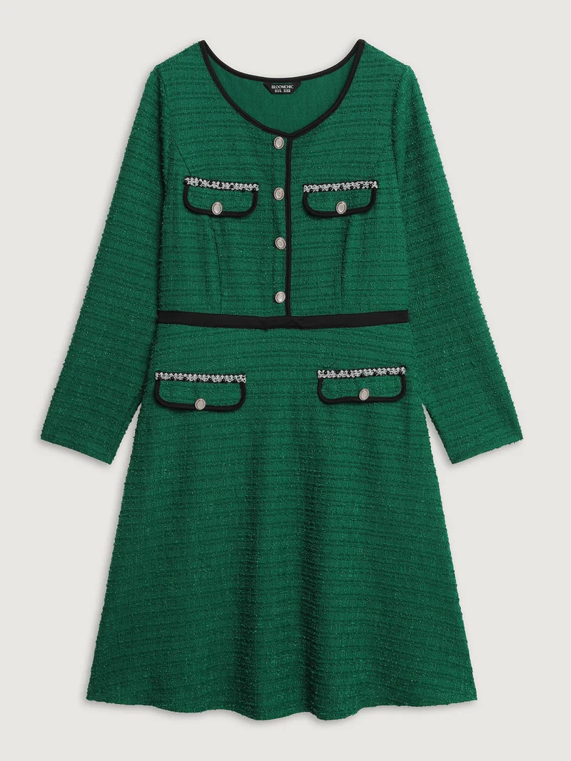Tweed Stretchy Waist Color Contrast Midi Dress