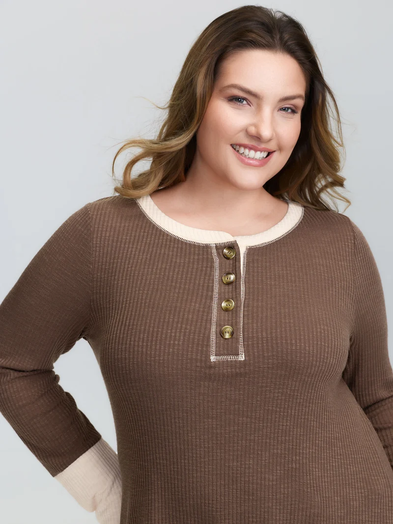 Ribbed Button Color Contrast T-Shirt