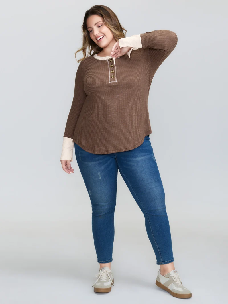Ribbed Button Color Contrast T-Shirt