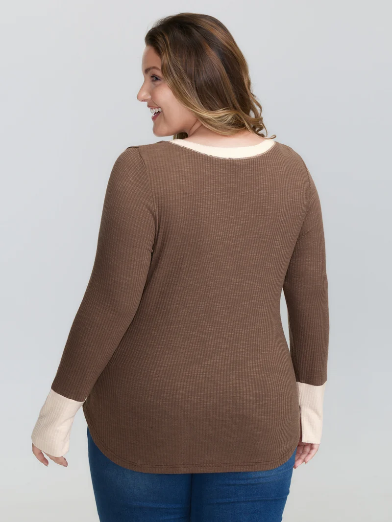 Ribbed Button Color Contrast T-Shirt