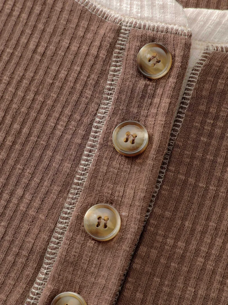 Ribbed Button Color Contrast T-Shirt