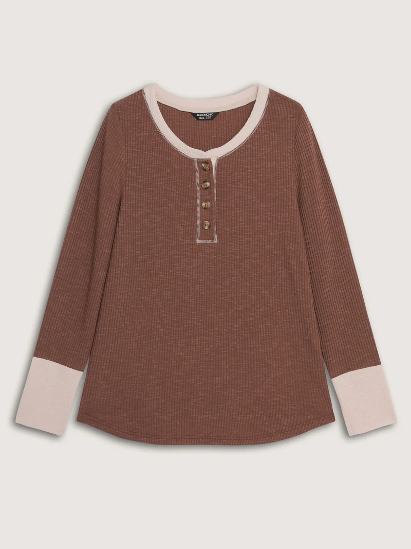 Ribbed Button Color Contrast T-Shirt