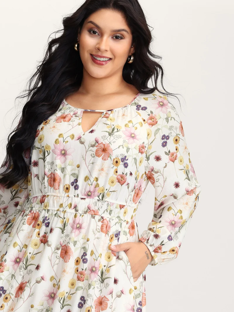 Floral Print Rayon Cut-Out Neck Maxi Dress