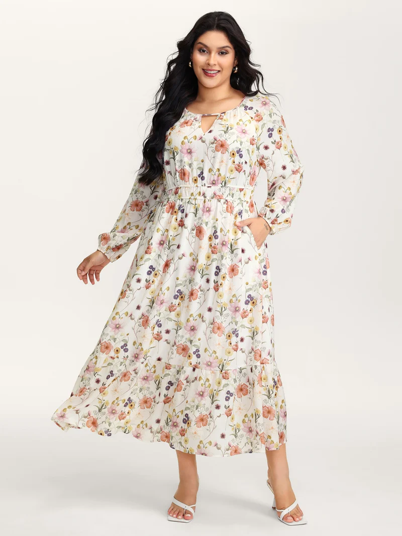 Floral Print Rayon Cut-Out Neck Maxi Dress