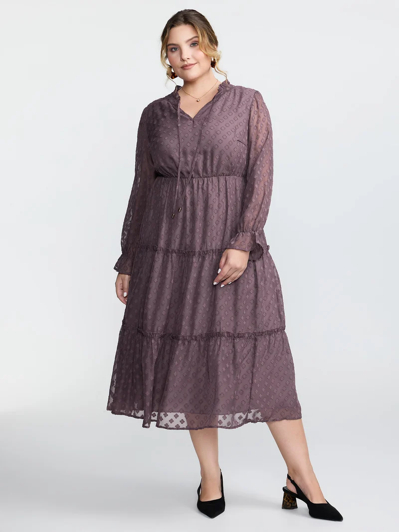 Chiffon Textured Tiered Ruffled Midi Dress