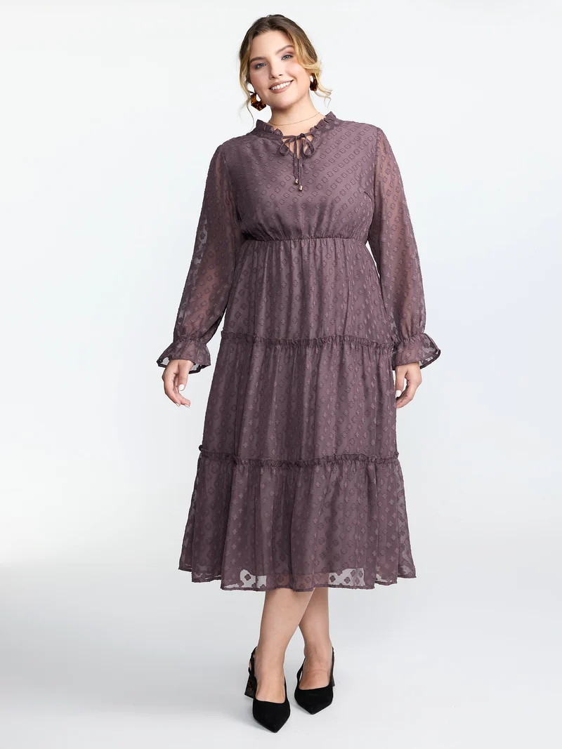 Chiffon Textured Tiered Ruffled Midi Dress