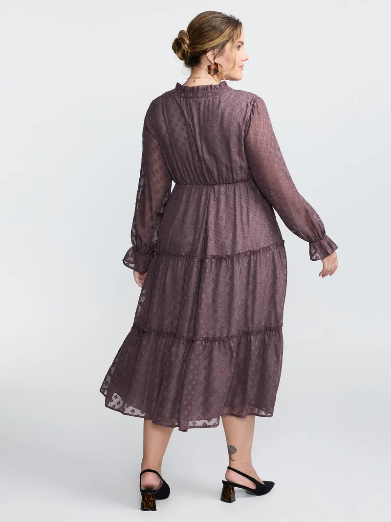 Chiffon Textured Tiered Ruffled Midi Dress
