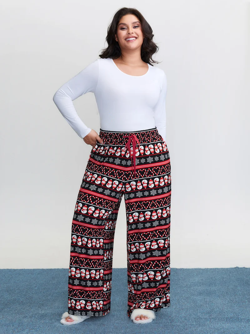Cute Snowman Pattern Drawstring Lounge Bottoms