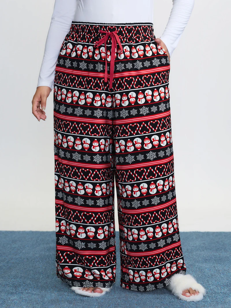 Cute Snowman Pattern Drawstring Lounge Bottoms