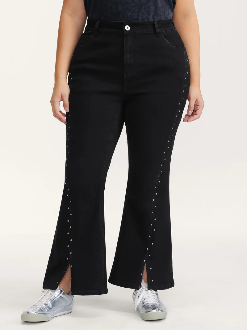 Rhinestone Mid-Rise Flared Hem Jeans