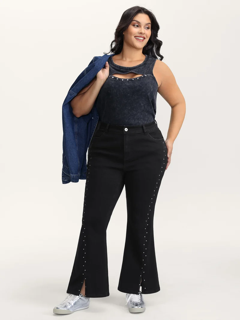 Rhinestone Mid-Rise Flared Hem Jeans