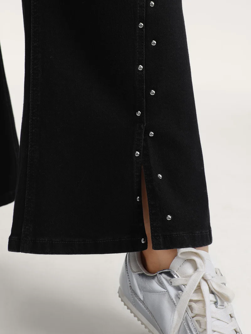 Rhinestone Mid-Rise Flared Hem Jeans