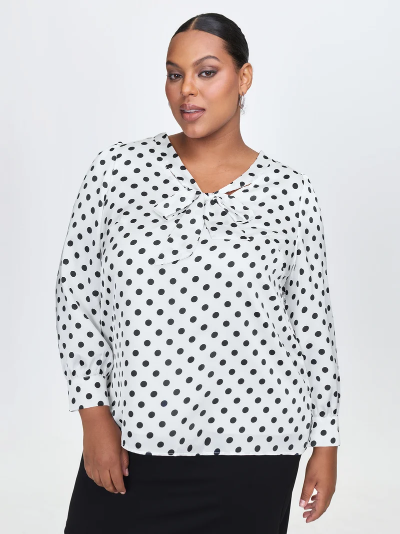 Ribbon-Tie Neckline Polka Dots Blouse