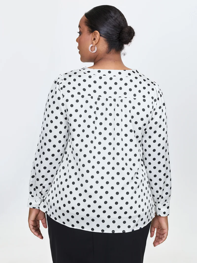 Ribbon-Tie Neckline Polka Dots Blouse