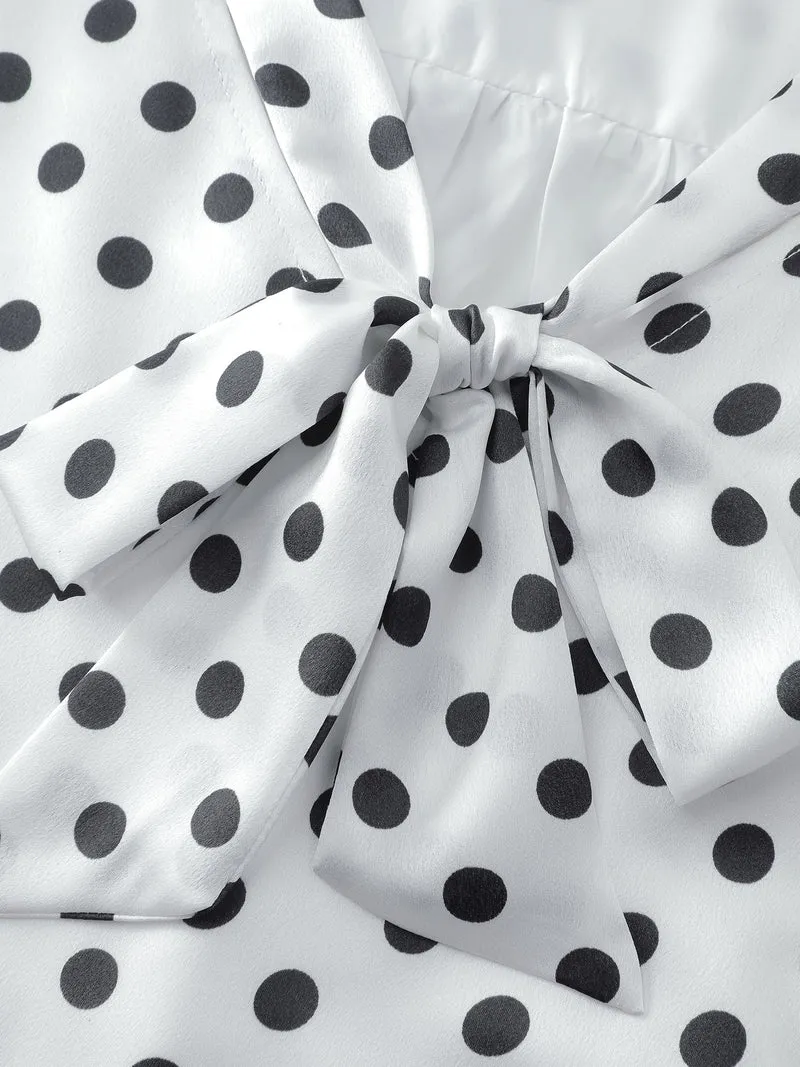 Ribbon-Tie Neckline Polka Dots Blouse