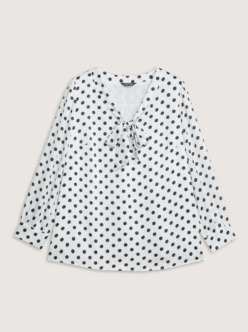 Ribbon-Tie Neckline Polka Dots Blouse