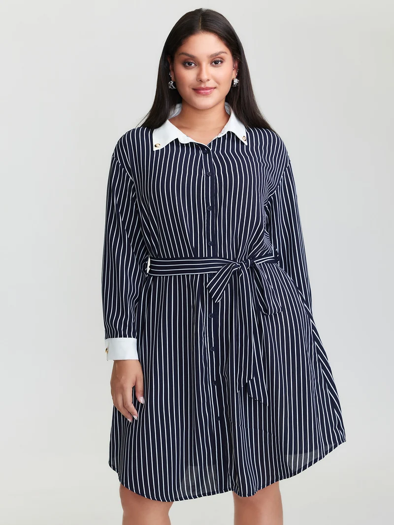 Stripe Print Belted Metal Detail Midi Dress