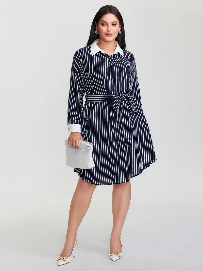 Stripe Print Belted Metal Detail Midi Dress