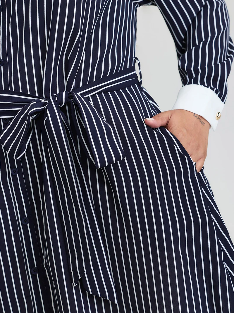 Stripe Print Belted Metal Detail Midi Dress