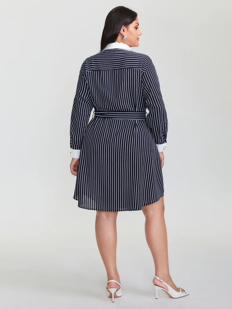 Stripe Print Belted Metal Detail Midi Dress