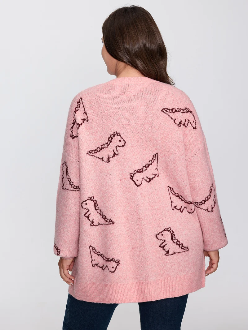 Jacquard Dinosaur Print Knit Cardigan