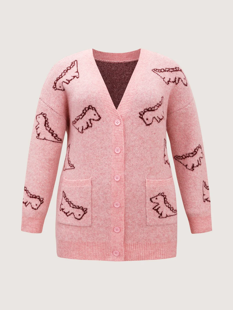 Jacquard Dinosaur Print Knit Cardigan
