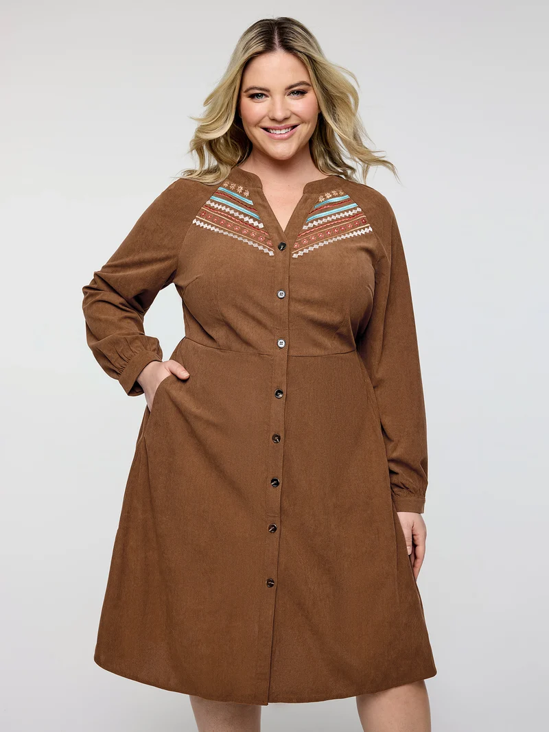 Corduroy Embroidered Pockets Button Midi Dress