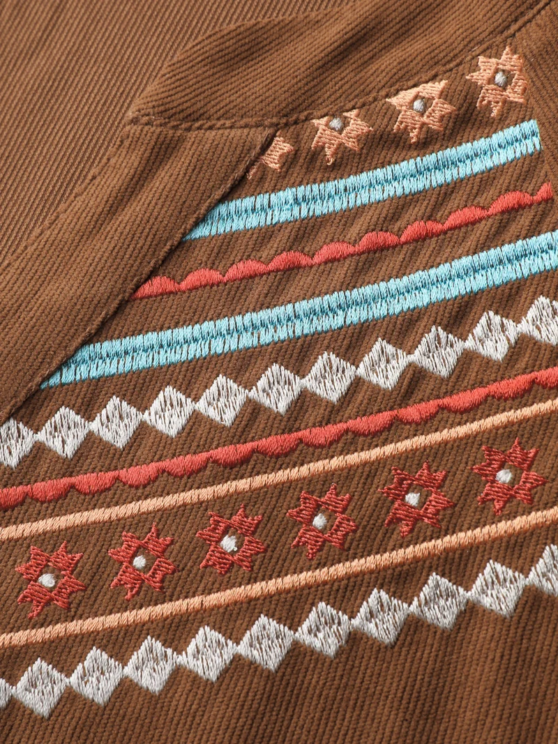 Corduroy Embroidered Pockets Button Midi Dress