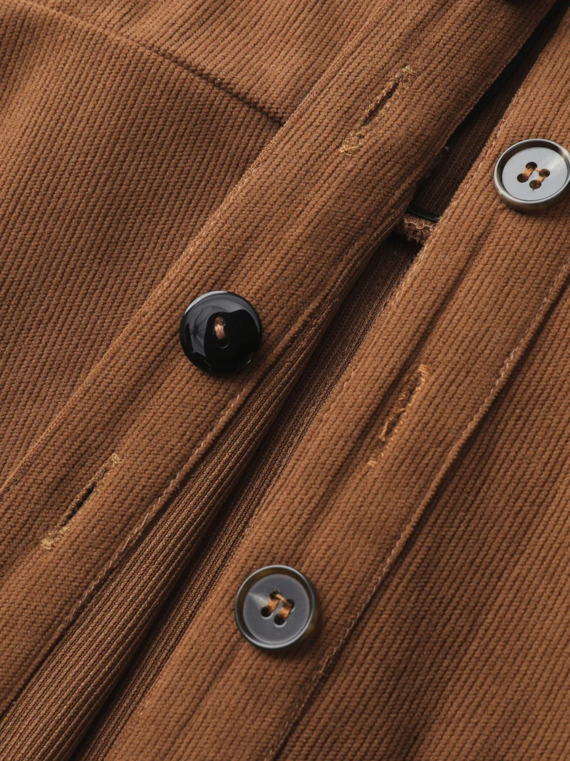 Corduroy Embroidered Pockets Button Midi Dress