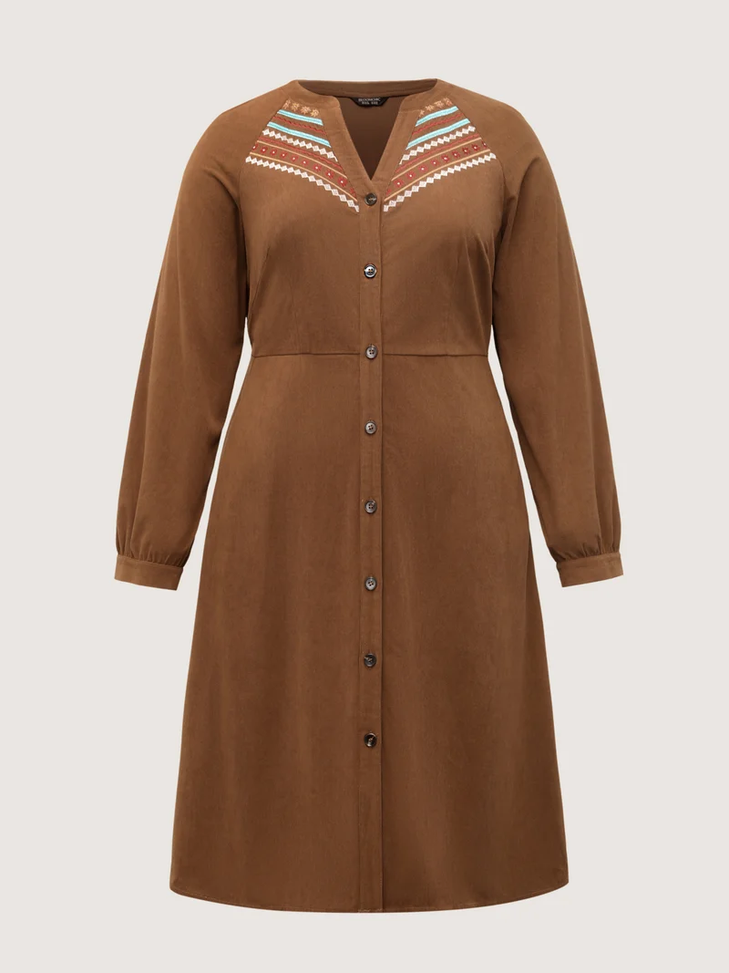 Corduroy Embroidered Pockets Button Midi Dress