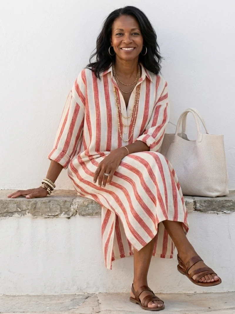Naomi | Robe chemise midi à manches longues rayée