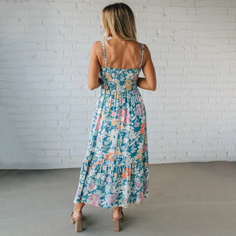 Floryn | Robe Maxi Florale à Corsage Froncé et Bretelles Ajustables