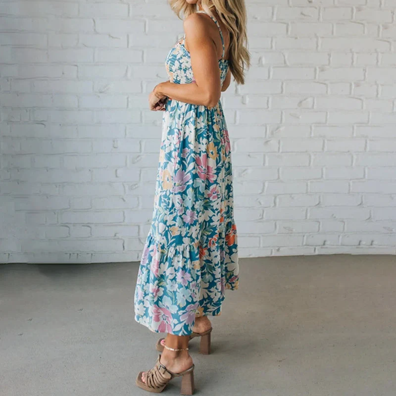 Floryn | Robe Maxi Florale à Corsage Froncé et Bretelles Ajustables