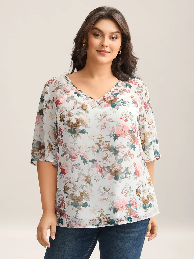 Large Flower Print Sheer Lined Shirt